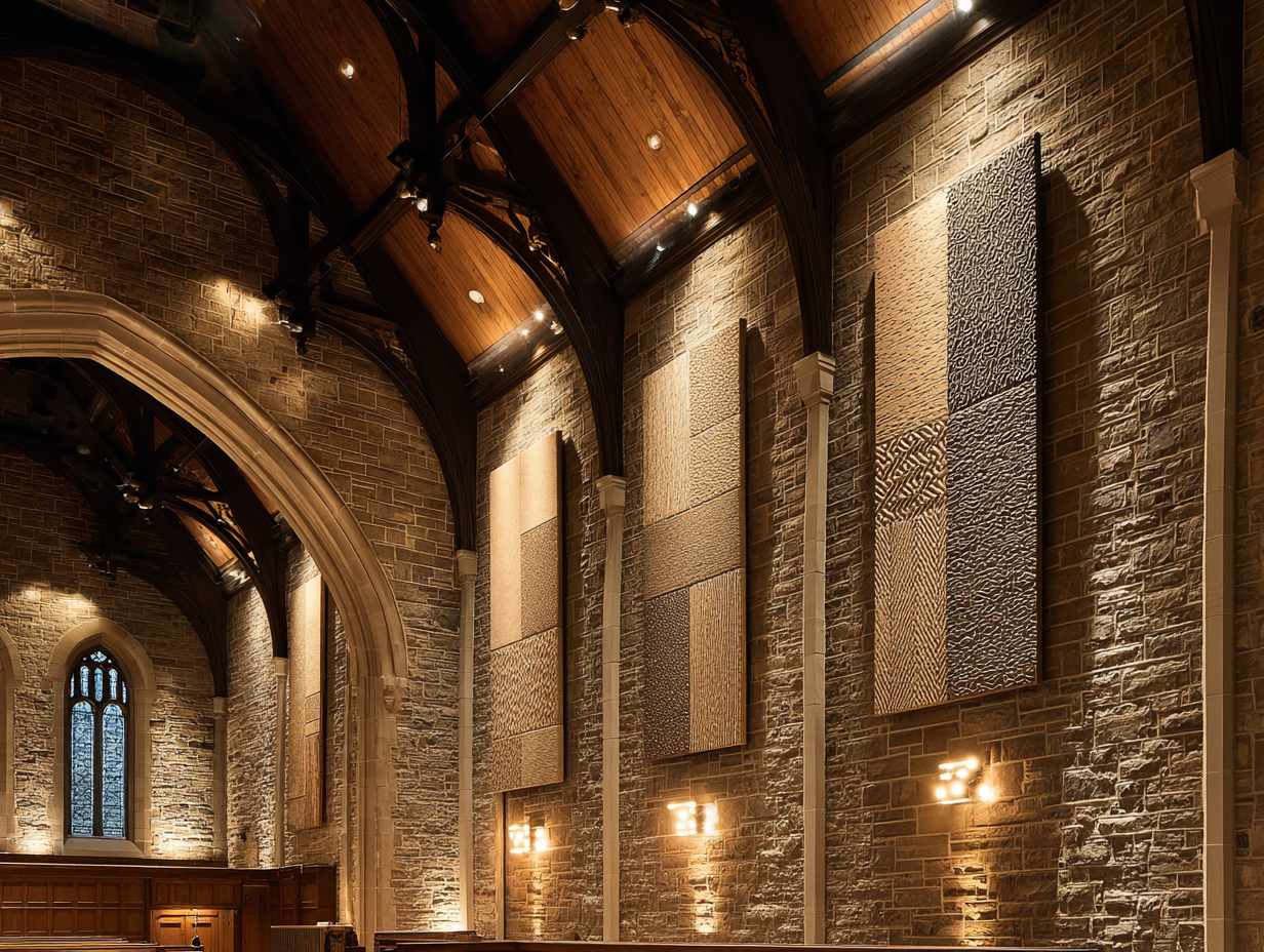Fabric acoustic panels installed on stone walls of a church sanctuary with wooden pews